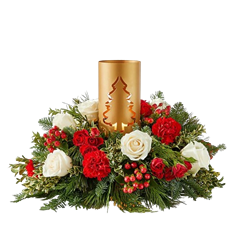 Christmas flowers with roses, berries, carnations and pines for Christmas flowers delivery.