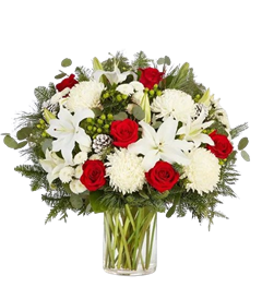 Christmas flowers with roses, mums, lilies and berries for Christmas flowers delivery.