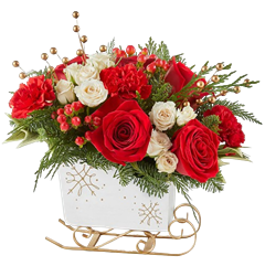 Christmas flowers with roses, carnations, berries and spray roses for Christmas flowers delivery.