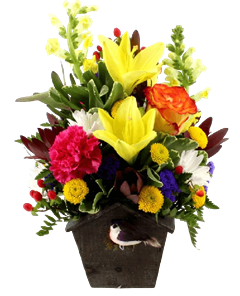 Bird House of Blooms includes roses, lilies, carnations, daisies, berries, buttons in a wooden cube