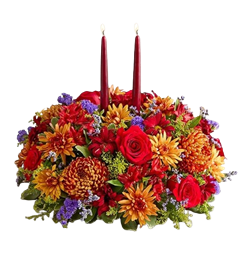 Thanksgiving centerpiece with roses, mums and lilies for thanksgiving dinner centerpieces